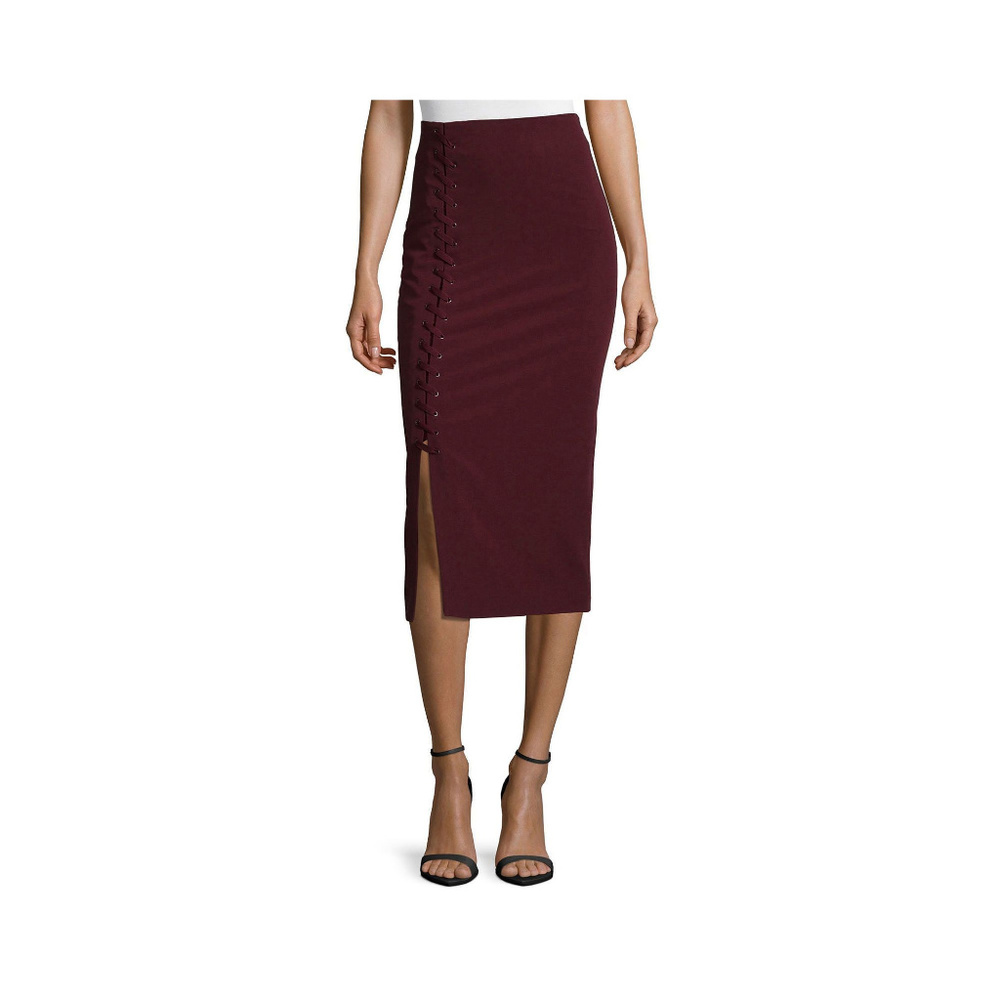 Pencil Skirt with Lace-up Detail, Wine/Burgundy